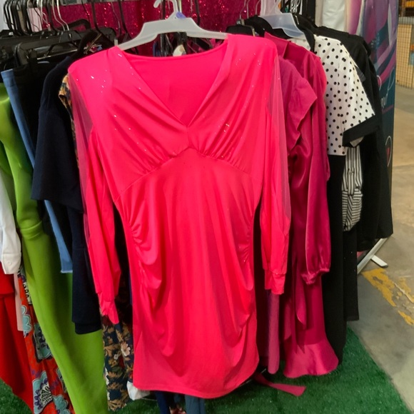 Tops - Women's Hot Pink V-Neck Tunic with Subtle Sparkle